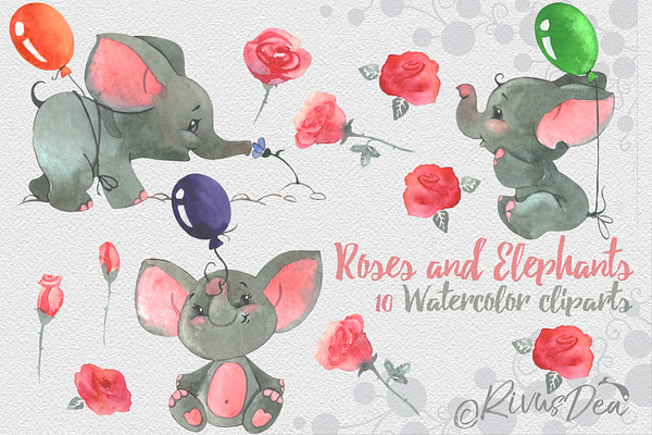 Rose and Elephant watercolor clipart