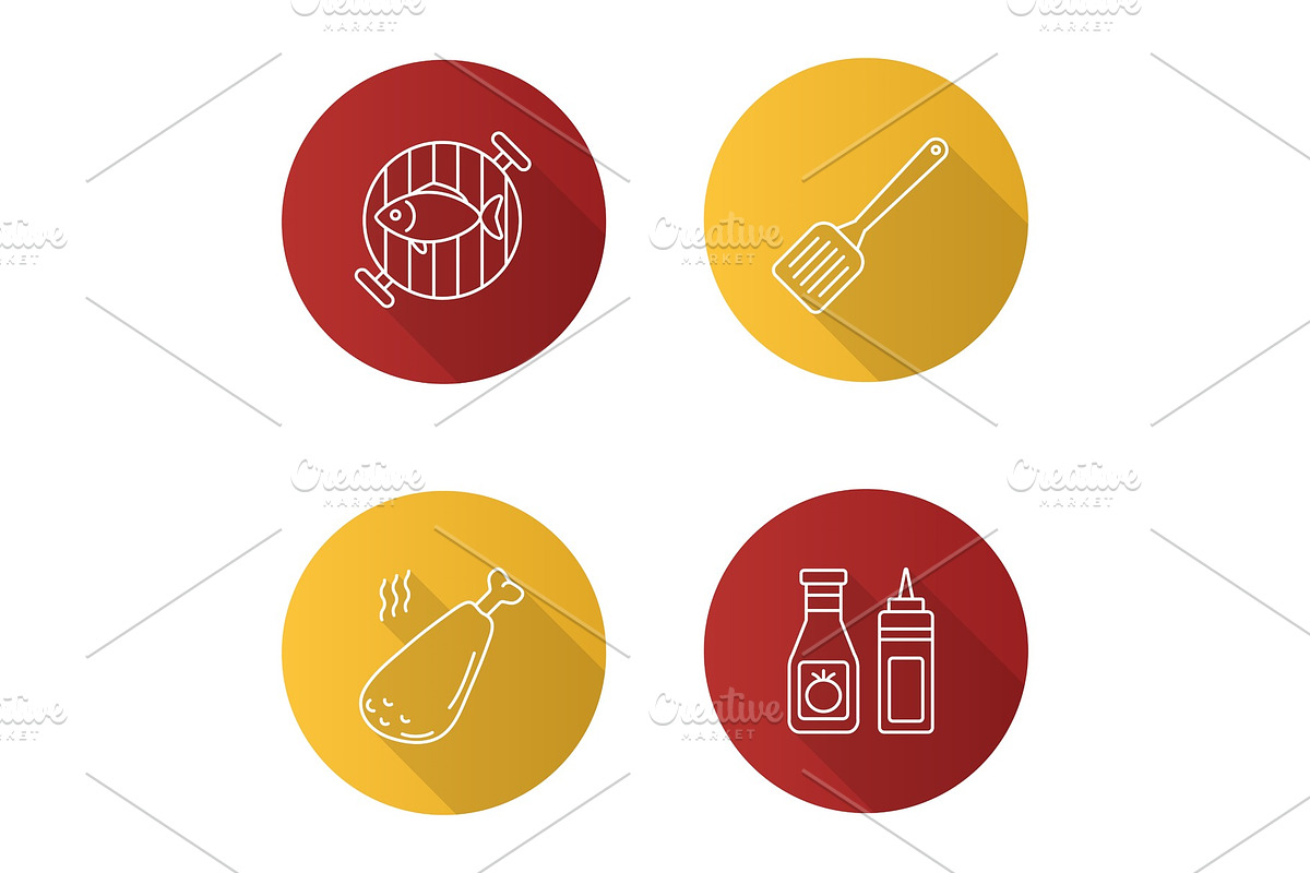 Barbecue flat linear long shadow icons set in Icons - product preview 8