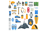 Mountaineering, a set of objects of equipment for climbing in the mountains. Vector illustration isolated on white background.