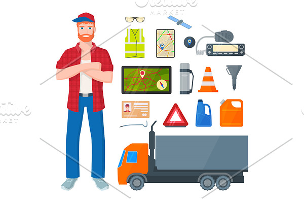 Trucker, man and road attributes and tools. Vector illustration isolated on white background.