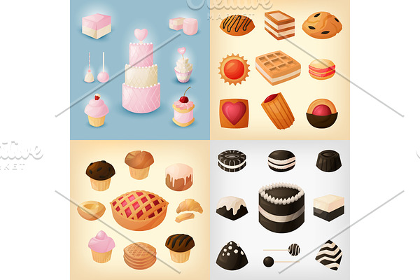 A set of icons of sweets, pastries, cookies for various holidays and celebrations. Flat vector illustration in cartoon style.
