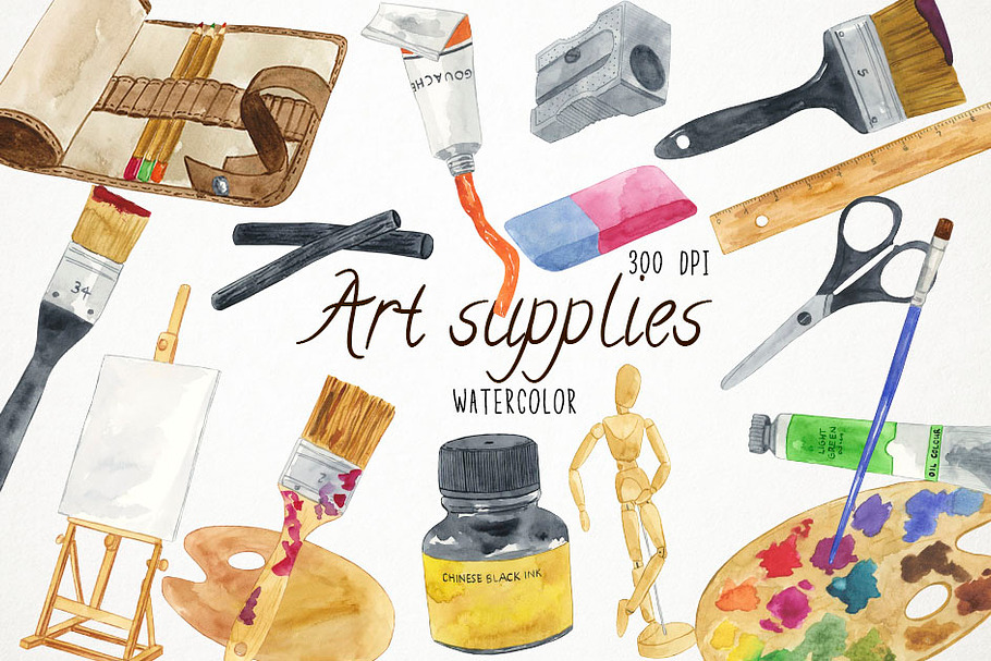 Watercolor Art Supplies Clipart in Illustrations - product preview 8