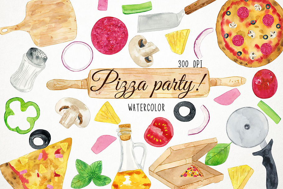 Watercolor Pizza Party Clipart