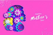 Silhouette of a mother in paper cut style. Happy Mothers Day celebration. Bright Origami Flowers. Spring blossom on pink. Space for Text.
