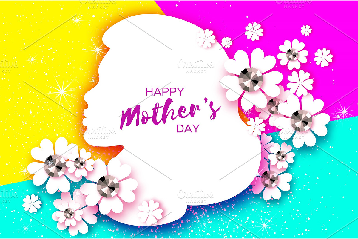 Silhouette of a mother in paper cut style. Happy Mothers Day celebration. Bright Origami Flowers with Brilliant stones. . Spring blossom on colorful. Space for Text. in Illustrations - product preview 8