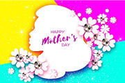Silhouette of a mother in paper cut style. Happy Mothers Day celebration. Bright Origami Flowers with Brilliant stones. . Spring blossom on colorful. Space for Text.