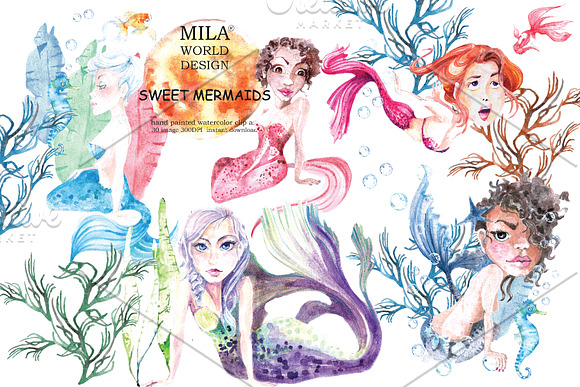 Sweet Mermaids Watercolor Illustrati in Illustrations - product preview 1