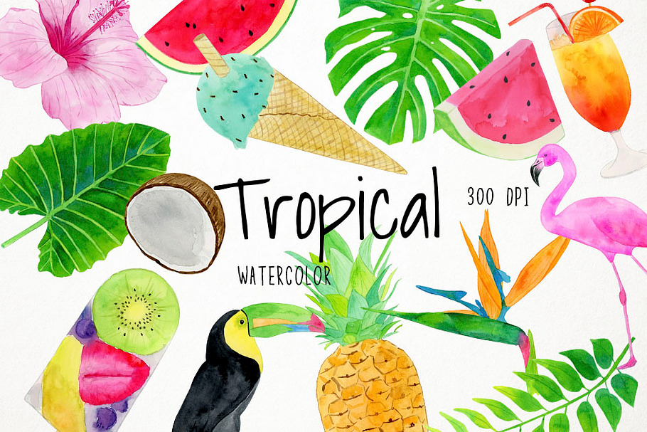 Watercolor Tropical Clipart in Illustrations - product preview 8