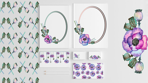 Poppies Ultraviolet. Watercolor set. in Illustrations - product preview 6
