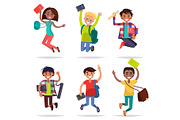 Excited Pupils Girls and Boys Jumping Flat Design