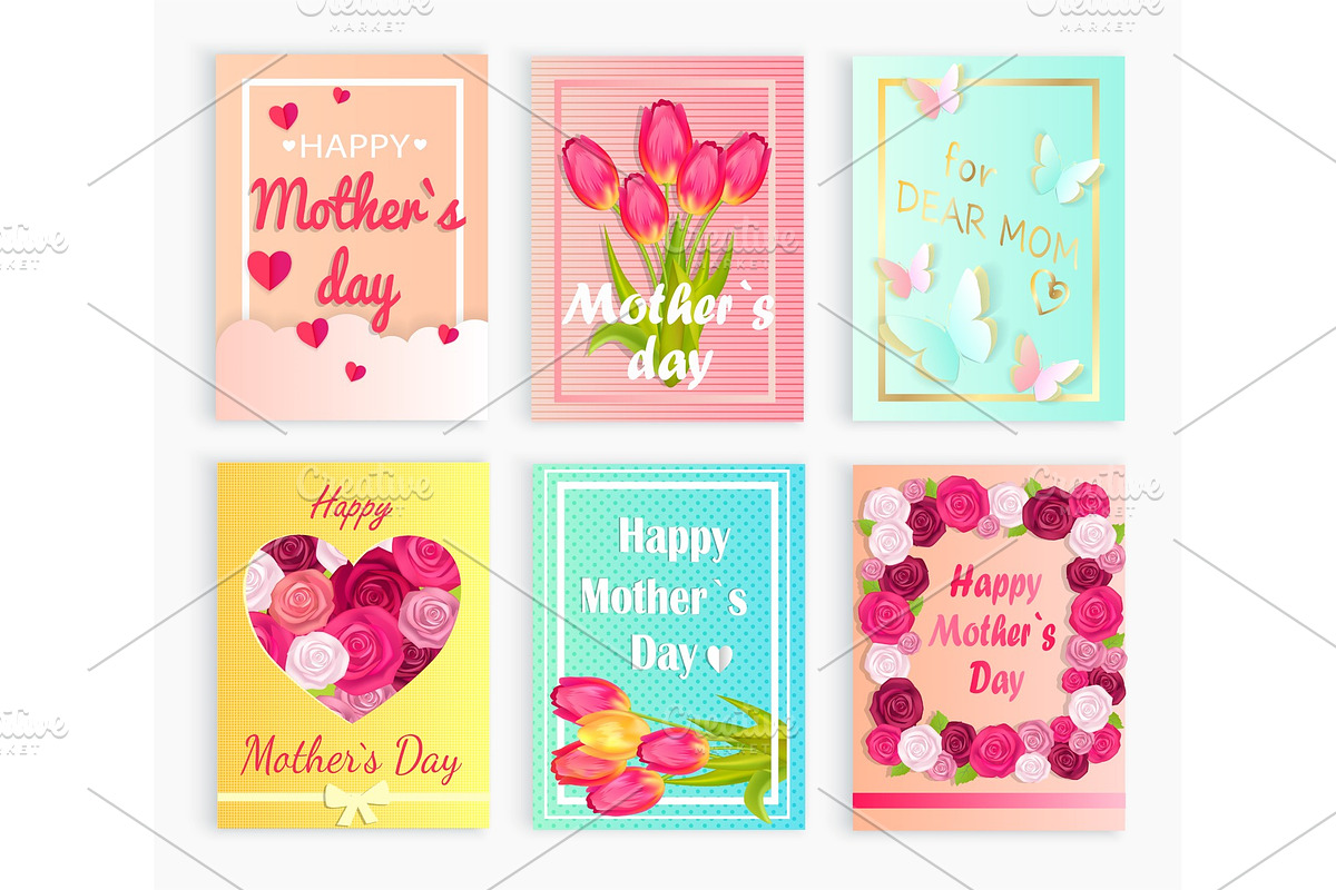 Six Cute Cards with Hearts, Flowers for Mom`s Day in Illustrations - product preview 8