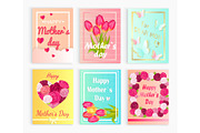 Six Cute Cards with Hearts, Flowers for Mom`s Day