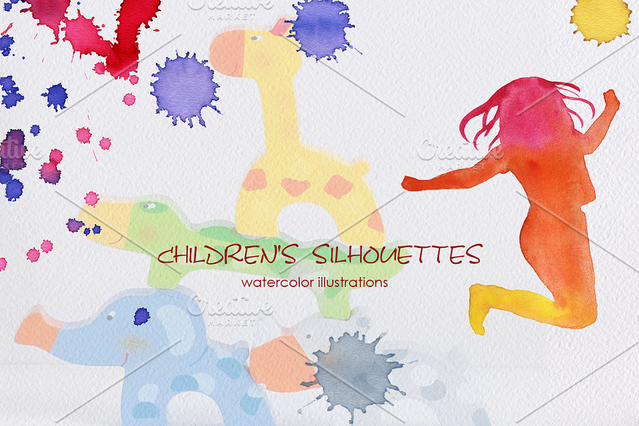 Silhouettes of children. Watercolor. in Illustrations - product preview 8