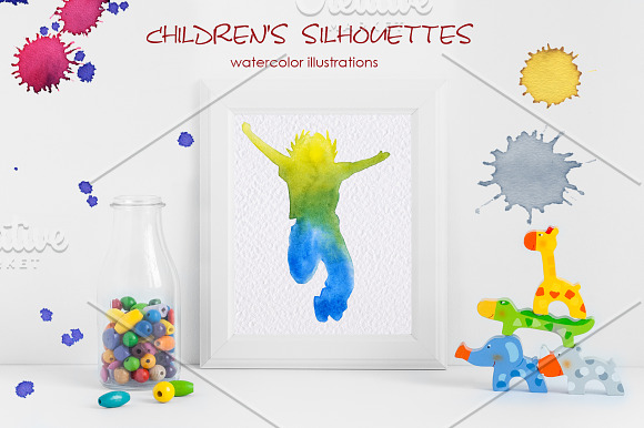 Silhouettes of children. Watercolor. in Illustrations - product preview 1
