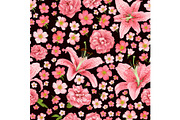 rose and lily seamless pattern. vector card.