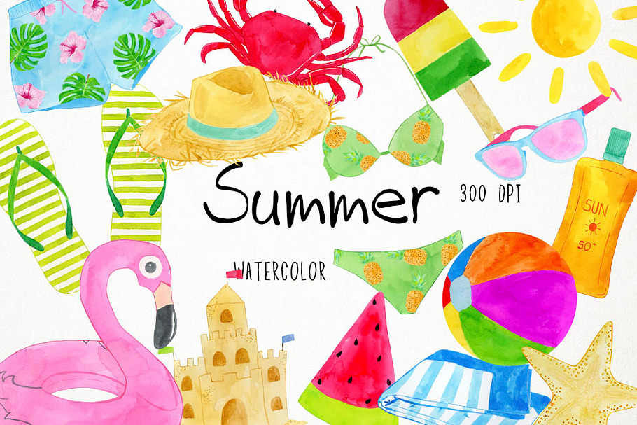 Watercolor Summer Clipart in Illustrations - product preview 8