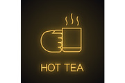 Hand holding cup with hot drink neon light icon
