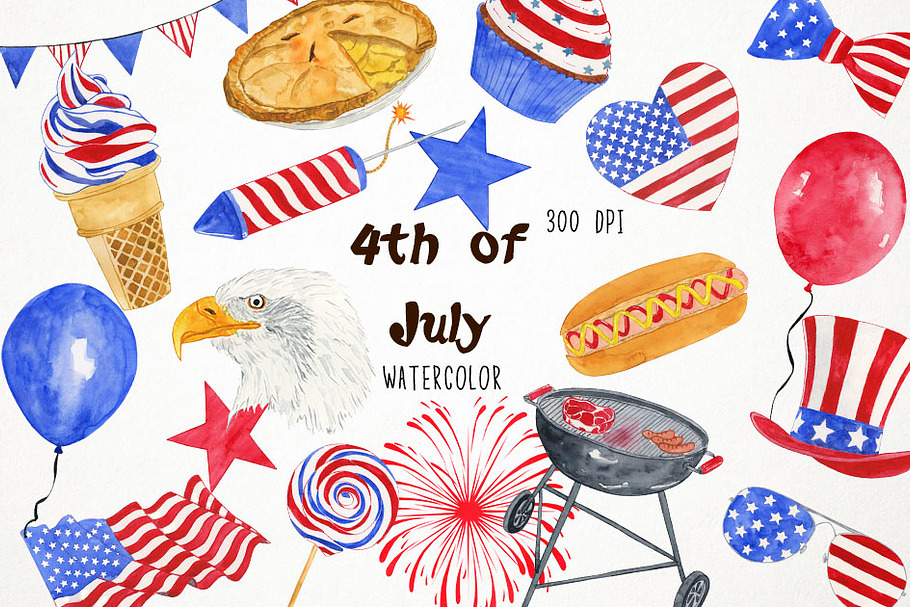Watercolor 4th July Clipart in Illustrations - product preview 8
