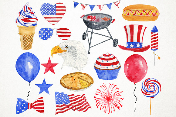 Watercolor 4th July Clipart in Illustrations - product preview 1