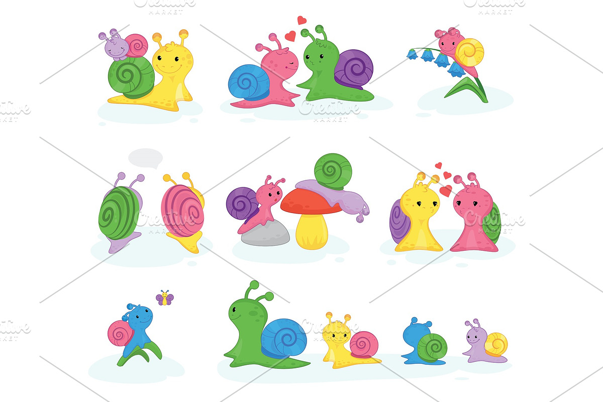 Snail vector snail-shaped character with shell and cartoon snailfish or snail-like mollusk kids illustration set of lovely couple of snail-paced slugs isolated on white background in Illustrations - product preview 8
