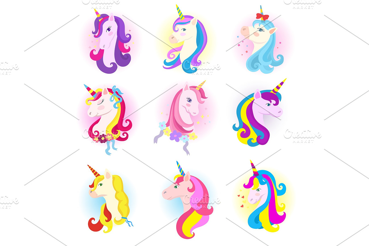 Unicorn vector cartoon horse character with magic horn and rainbow mane in children dreams illustration horsey set of fantasy colorful animal for kids isolated on white background in Illustrations - product preview 8