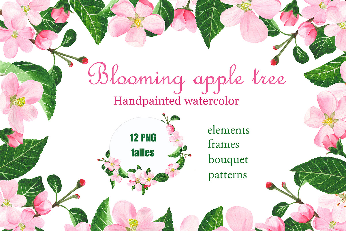 Watercolor blossoming apple tree in Illustrations - product preview 8
