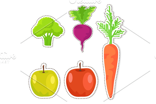 Ripe Fruits and Vegetables Vector Stickers Set