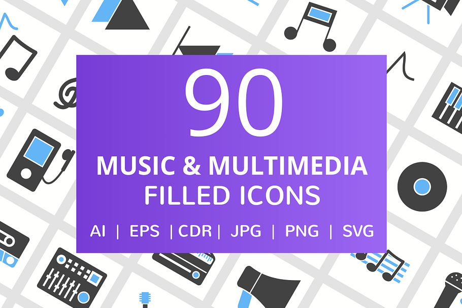 90 Music & Multimedia Filled Icons