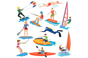 Water sport vector people in extreme activity or windsurfer and kitesurfer illustration set of sportsman characters swimmers surfing or windsurfing isolated on white background