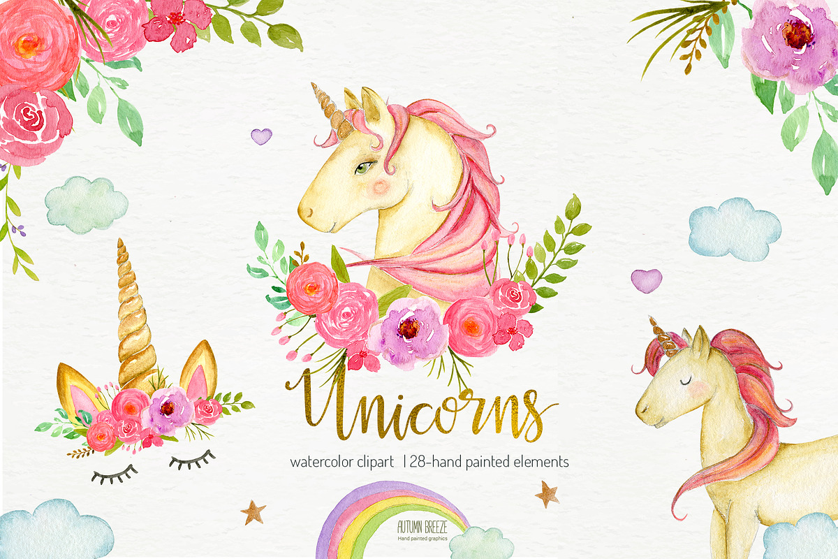 Watercolor unicorn clipart in Illustrations - product preview 8
