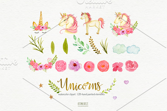 Watercolor unicorn clipart in Illustrations - product preview 1