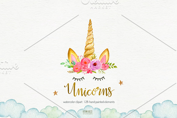 Watercolor unicorn clipart in Illustrations - product preview 2