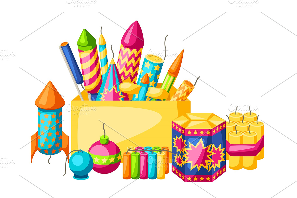 Background with colorful fireworks. Different types of pyrotechnics, salutes and firecrackers in Illustrations - product preview 8