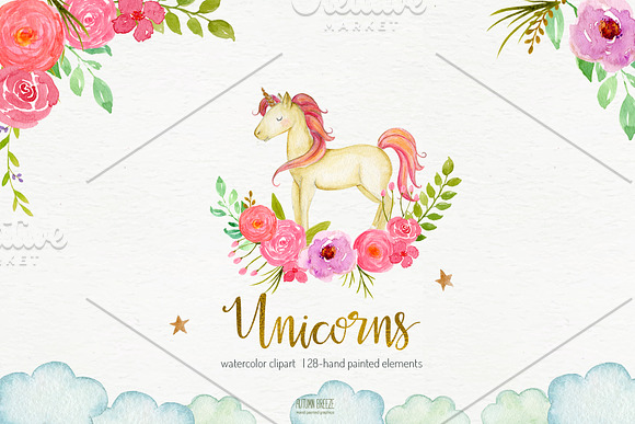 Watercolor unicorn clipart in Illustrations - product preview 3