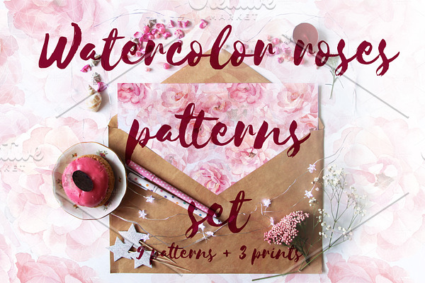 Watercolor roses patterns set