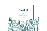 Vector hand drawn alcohol drink bottles and glasses frame with place for text with below illustration