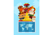 Vector concept illustration with flat style china sights above world map
