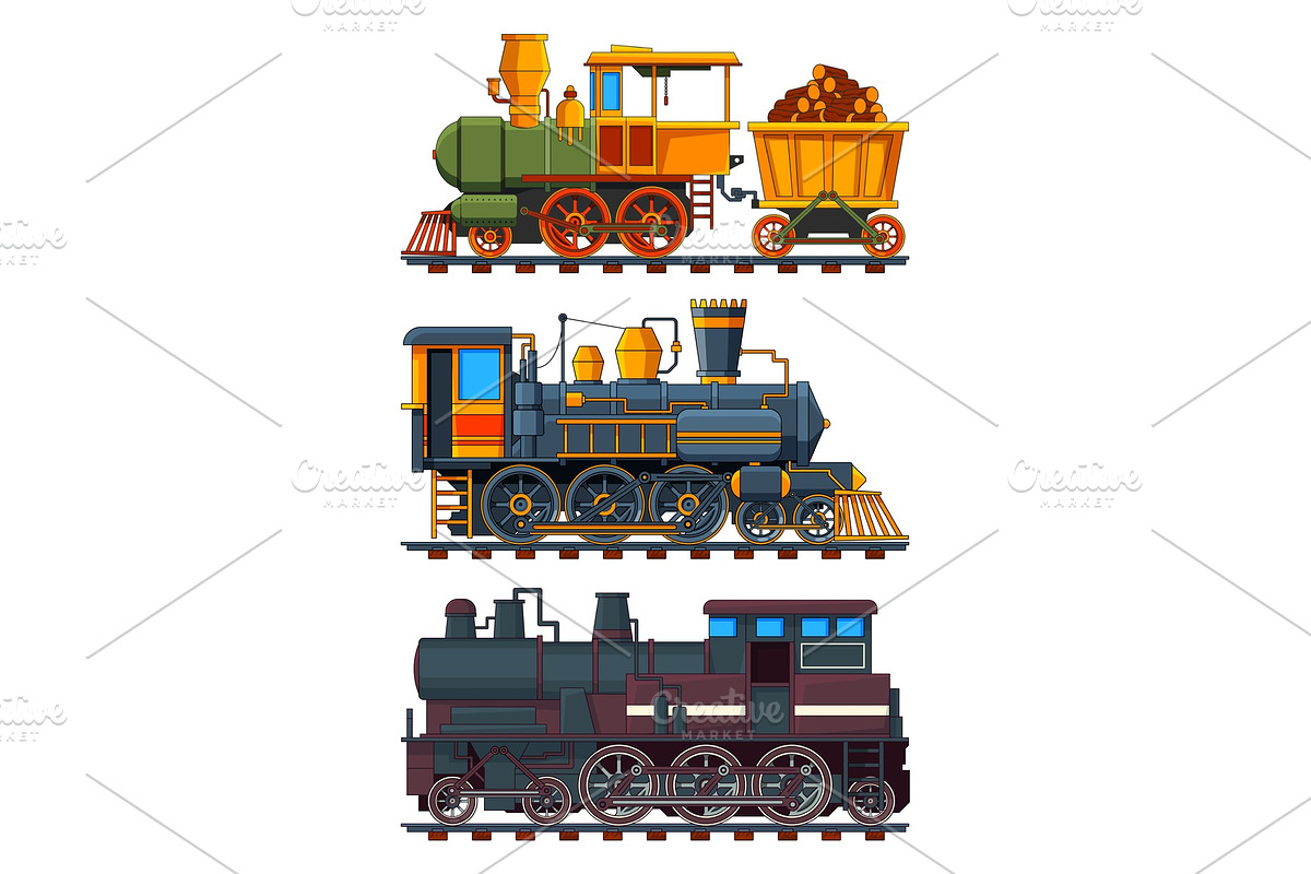 Illustrations of retro trains with wagons in Graphics - product preview 8