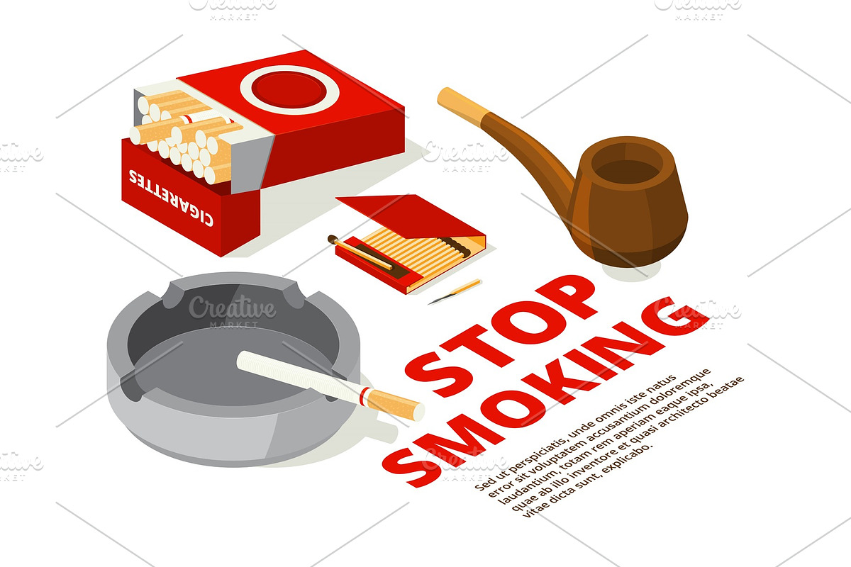 Concept illustrations of stop smoking theme. Various isometric pictures of tools for smokers in Graphics - product preview 8
