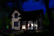 3D visualization. House at night. 