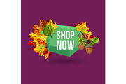 Shop now geometric label with autumn leaves
