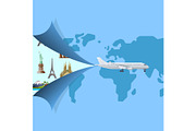 Worldwide air traveling poster with jet airplane
