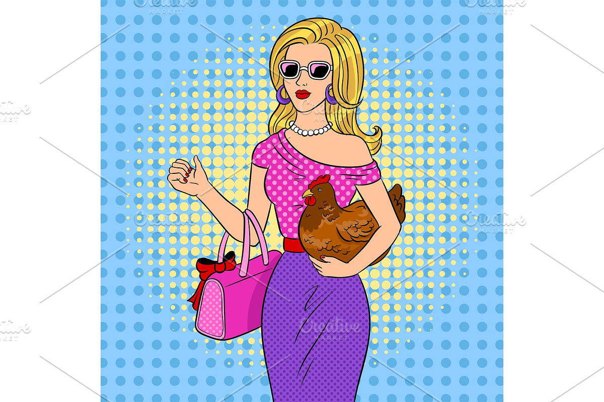Stylish beauty girl with chicken pop art vector in Illustrations - product preview 8