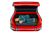 Kidnapped man in the car trunk pop art vector