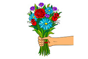 Hand with flowers pop art vector illustration