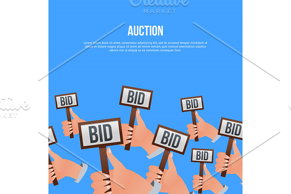 Auction poster with hands holding BID signs