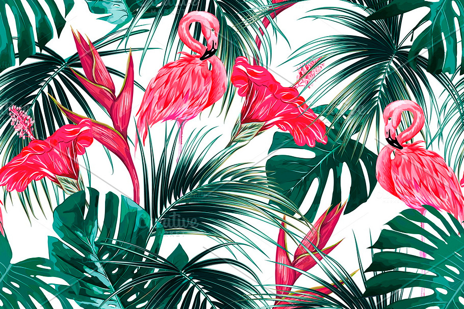 Tropical flowers,leaves,flamingo
