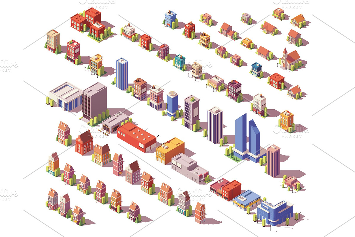 Vector low poly isometric buildings set in Illustrations - product preview 8
