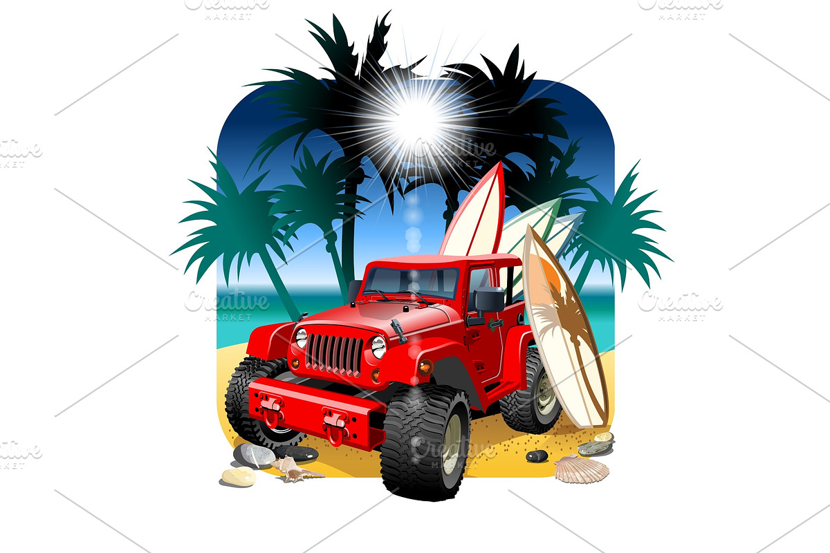 Vector cartoon 4x4 car on beach in Illustrations - product preview 8