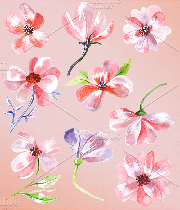 Watercolor Pink Spring Flowers in Objects - product preview 1